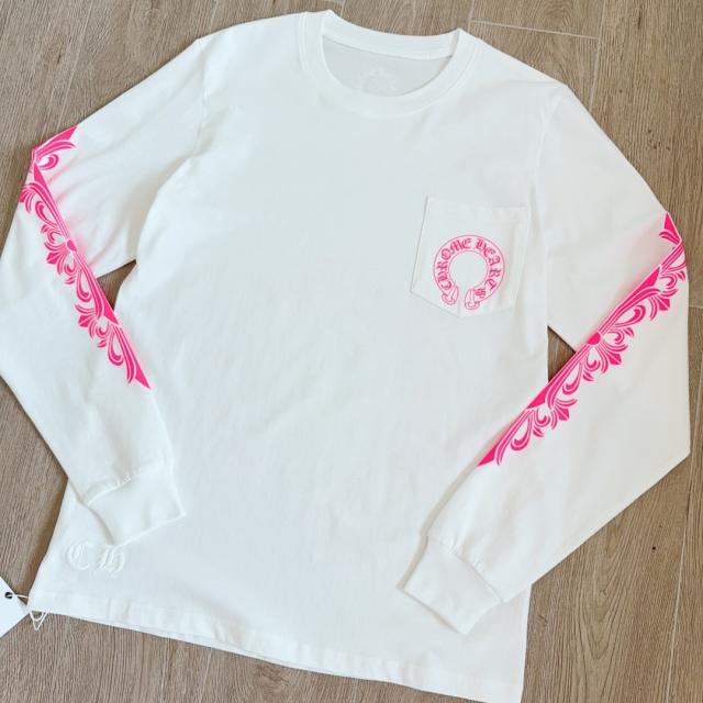 1:1 quality CH Hot Pink Horseshoe Circle White Long Sleeve Pocket T-Shirt