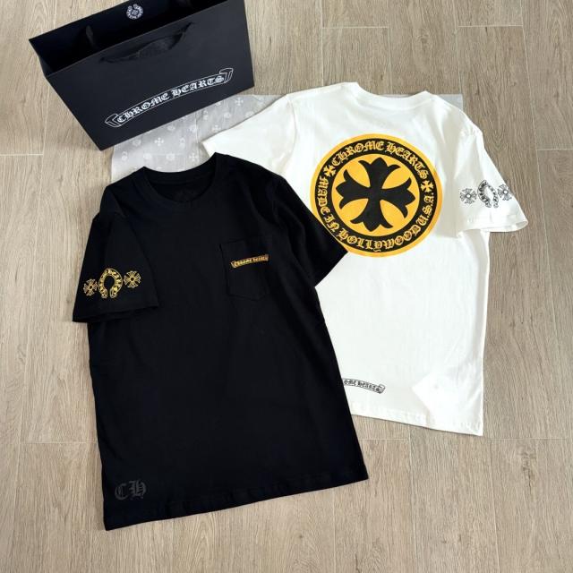 1:1 Top Quality CH Yellow Circle Cross Pocket White Short Sleeve T-Shirt