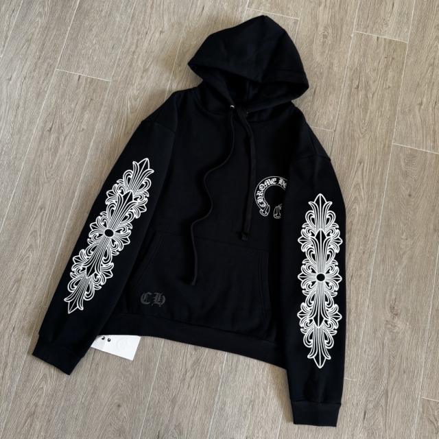 1:1 Top Quality CH White Floral Cross Sleeve Black Pullover Hoodie