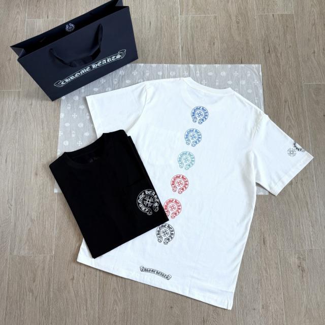 1:1 Top Quality CH Vertical Multicolor Horseshoe Circle White Pocket T-Shirt