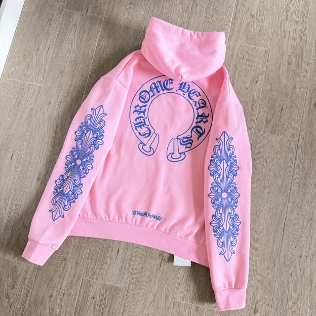 1:1 Top Quality CH Blue Floral Sleeve Pink Horseshoe Graphic Pullover Hoodie
