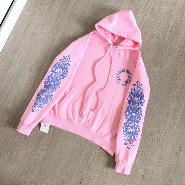 1:1 Top Quality CH Blue Floral Sleeve Pink Horseshoe Graphic Pullover Hoodie