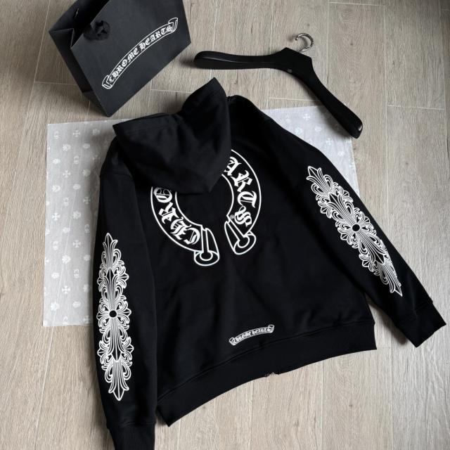 1:1 Top Quality CH White Floral Cross Sleeve Black Pullover Hoodie