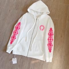 1:1 Top Quality Hot Pink Floral Cross White Full Zip Hoodie