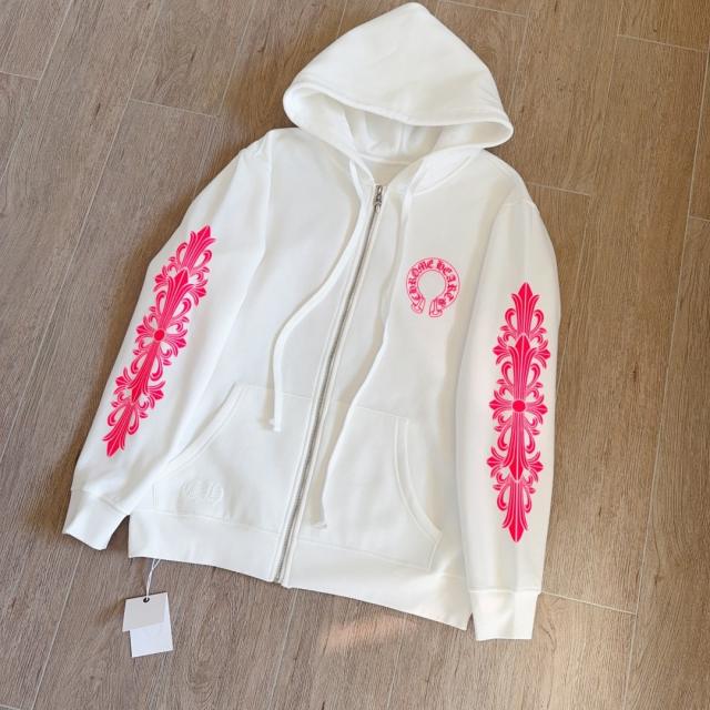 1:1 Top Quality Hot Pink Floral Cross White Full Zip Hoodie