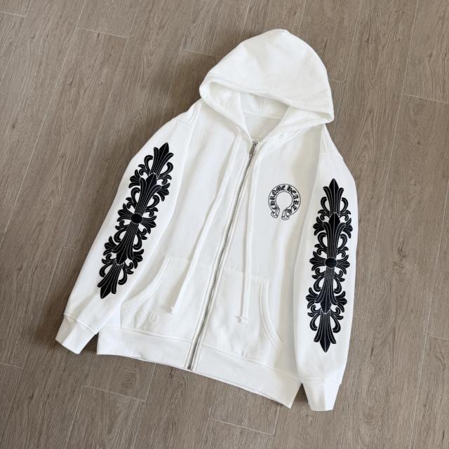 1:1 Top Quality CH Black Floral Cross Sleeve White Full Zip Hoodie