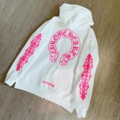 1:1 Top Quality Hot Pink Floral Cross White Full Zip Hoodie