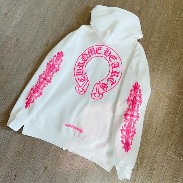 1:1 Top Quality Hot Pink Floral Cross White Full Zip Hoodie