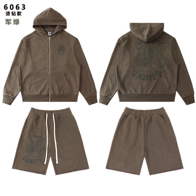 Saint Vanity Rhinestone Perforated Hoodie Short Set