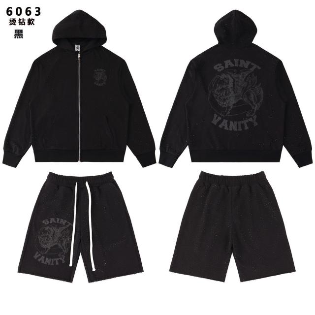 Saint Vanity Rhinestone Perforated Hoodie Short Set