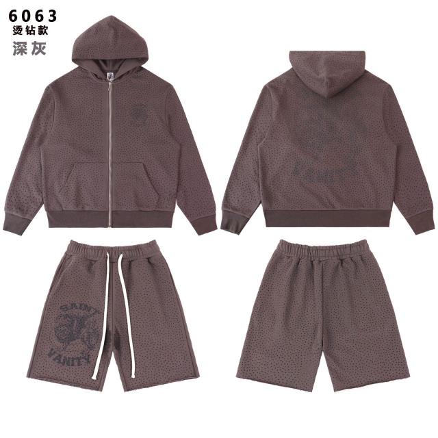 Saint Vanity Rhinestone Perforated Hoodie Short Set