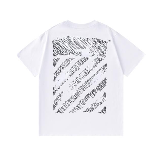 OW Chaotic Scribble Diagonal Stripe Dual Front Back Short Sleeve T-shirt