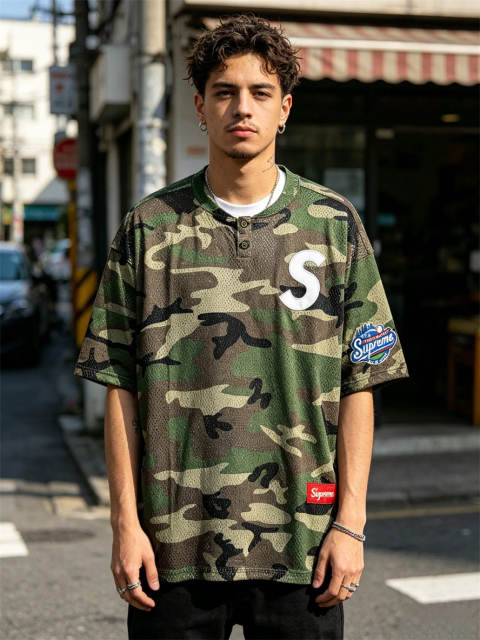 Suprem* FW24 Week1 S Logo Embroidered Patch Baseball Short Sleeve T-shirt