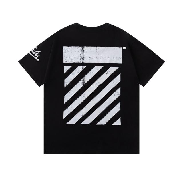 OW Vintage Distressed Diagonal Stripe Dual Print Short Sleeve T-shirt