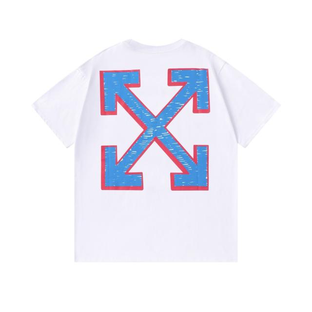 OW Red Outline Blue Brushstroke Arrow Dual Front Back Short Sleeve T-shirt