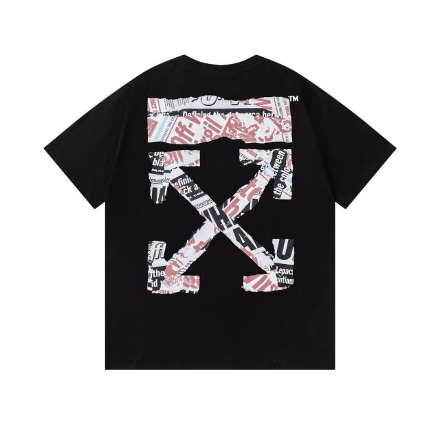 OW Newspaper Collage Arrow Dual Front Back Short Sleeve T-shirt