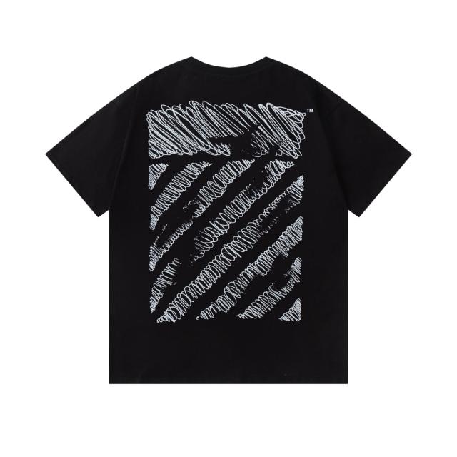 OW Chaotic Scribble Diagonal Stripe Dual Front Back Short Sleeve T-shirt
