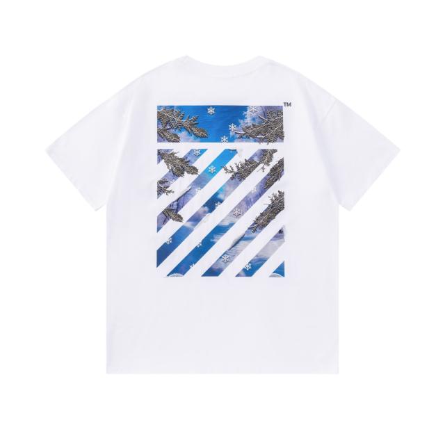 OW Winter Snow Pine Diagonal Stripe Dual Print Short Sleeve T-shirt