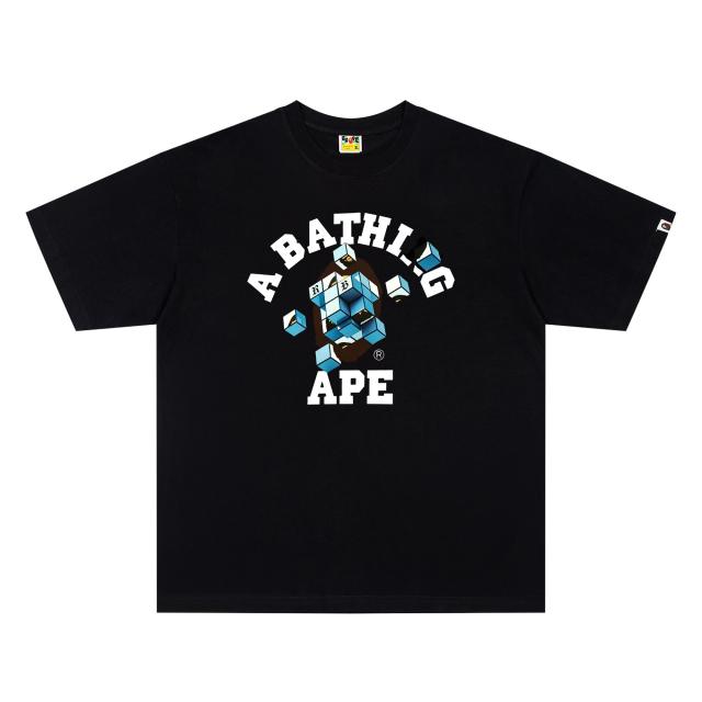 A Bathing Ape Bape 3D Cube Shatter Ape Head College Logo Front Print Short Sleeve T-shirt