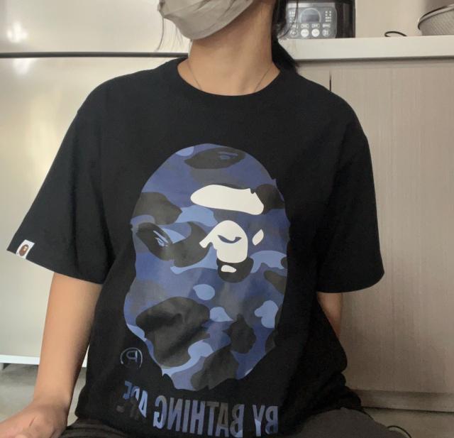 1:1 Quality Bape Blue Camo A Bathing Ape Logo T-Shirt Black White