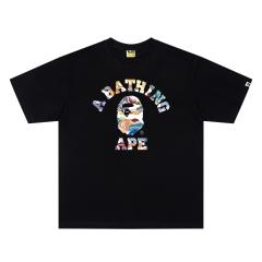 A Bathing Ape Bape Colorful Marble Camo Ape Head College Logo Front Print Short Sleeve T-shirt