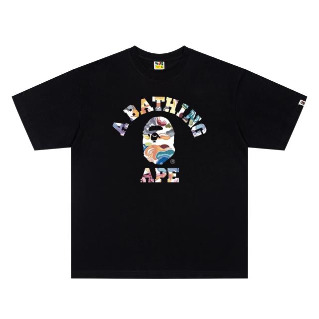 A Bathing Ape Bape Colorful Marble Camo Ape Head College Logo Front Print Short Sleeve T-shirt