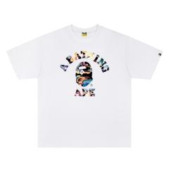 A Bathing Ape Bape Colorful Marble Camo Ape Head College Logo Front Print Short Sleeve T-shirt