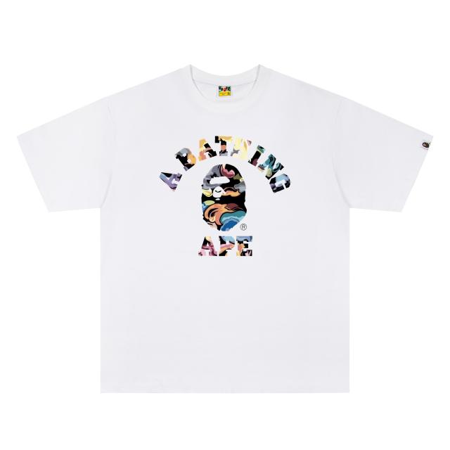 A Bathing Ape Bape Colorful Marble Camo Ape Head College Logo Front Print Short Sleeve T-shirt