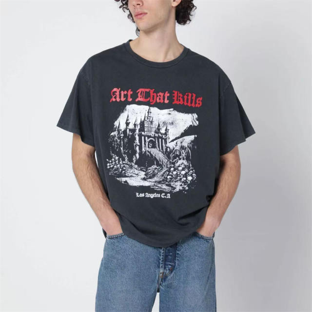 1:1 Top Quality Gallery Dept Art That Kills Castle Graphic Dual Front Back Print Washed Black Short Sleeve T-shirt