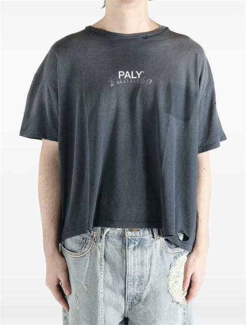 1:1 Top Quality Paly Hollywood Wash Distressed Hole Raw Cut Bright Blue Cropped Short Sleeve T-shirt