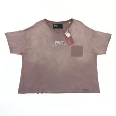 1:1 Top Quality Paly Hollywood Wash Distressed Hole Raw Cut Bright Blue Cropped Short Sleeve T-shirt