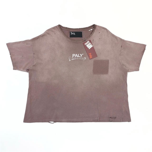 1:1 Top Quality Paly Hollywood Wash Distressed Hole Raw Cut Bright Blue Cropped Short Sleeve T-shirt
