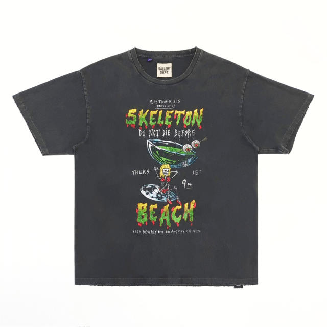1:1 Top Quality Gallery Dept Skeleton Beach Party Poster Dual Print Faded Black Raw Hem Short Sleeve T-shirt