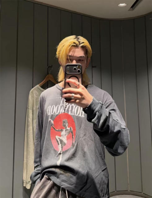 1:1 Top Quality Paly Hollywood Cropped Distressed Long Sleeve Fade Wash T-shirt