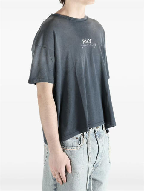 1:1 Top Quality Paly Hollywood Wash Distressed Hole Raw Cut Bright Blue Cropped Short Sleeve T-shirt