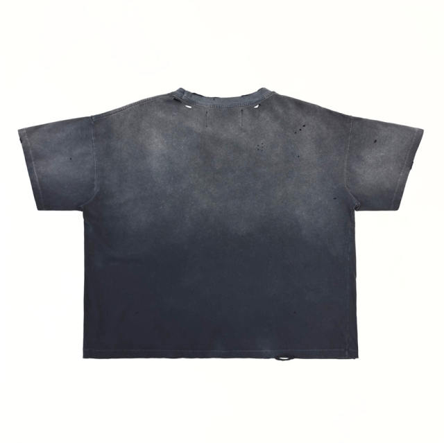 1:1 Top Quality Paly Hollywood Wash Distressed Hole Raw Cut Bright Blue Cropped Short Sleeve T-shirt