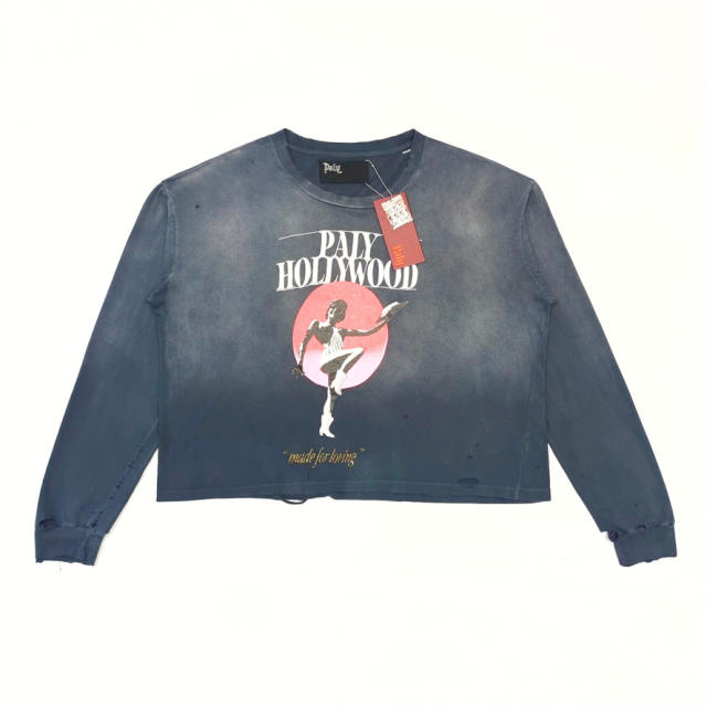 1:1 Top Quality Paly Hollywood Cropped Distressed Long Sleeve Fade Wash T-shirt