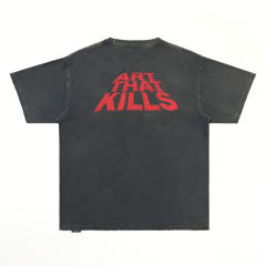 1:1 Top Quality Gallery Dept Skeleton Beach Party Poster Dual Print Faded Black Raw Hem Short Sleeve T-shirt