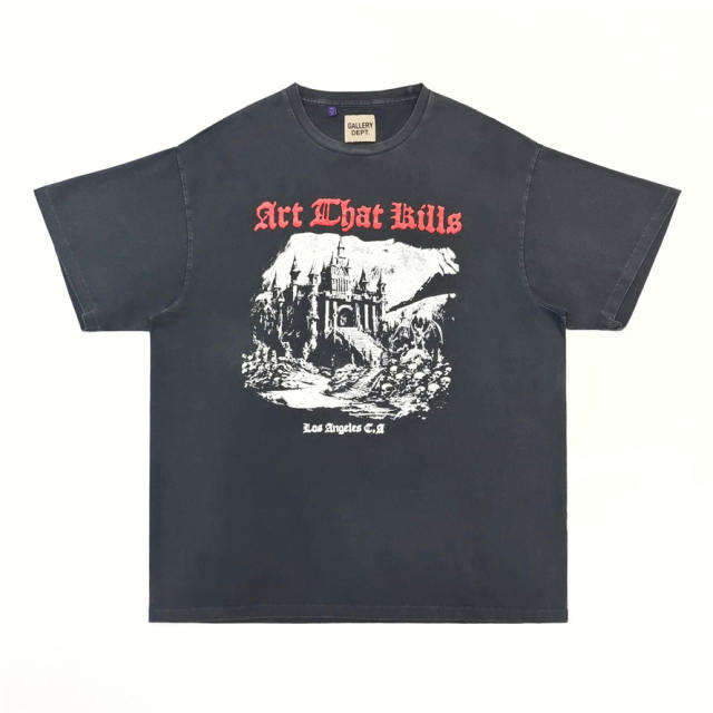 1:1 Top Quality Gallery Dept Art That Kills Castle Graphic Dual Front Back Print Washed Black Short Sleeve T-shirt