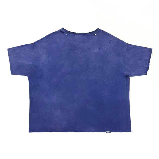 1:1 Top Quality Paly Hollywood Wash Distressed Hole Raw Cut Bright Blue Cropped Short Sleeve T-shirt