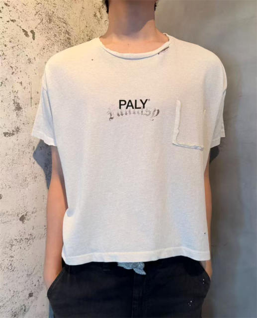 1:1 Top Quality Paly Hollywood Wash Distressed Hole Raw Cut Bright Blue Cropped Short Sleeve T-shirt