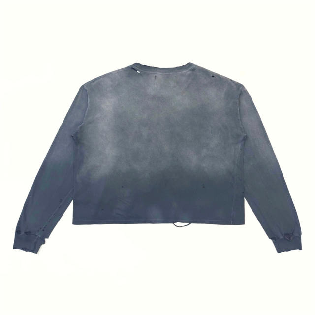 1:1 Top Quality Paly Hollywood Cropped Distressed Long Sleeve Fade Wash T-shirt