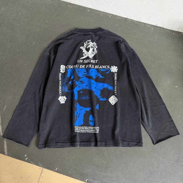 ERD French Psychiatric Secret Blue Figure Dual Print Washed Black Long Sleeve T-shirt