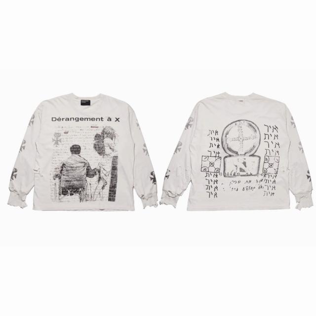 ERD Enfants Riches Déprimés Dérangement à X Hebrew Occult Dual Print Raw Frayed Off White Long Sleeve Tee