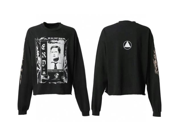 ERD Enfants Riches Déprimés Gothic Portrait Triangle Symbol Dual Print Distressed Cropped Black Long Sleeve Tee