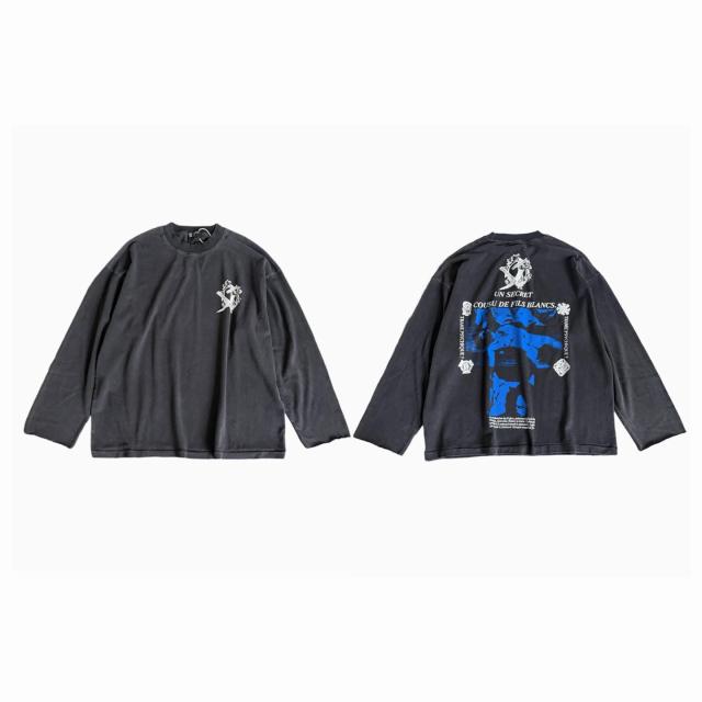 ERD French Psychiatric Secret Blue Figure Dual Print Washed Black Long Sleeve T-shirt