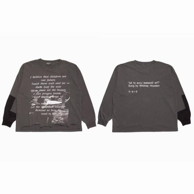 ERD Enfants Riches Déprimés Whitney Houston The Greatest Love Of All Distressed Washed Grey Color Block Long Sleeve Tee