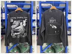 ERD Painting Smoking Eating Dual Print Vintage Couple Figure Washed Black Long Sleeve T-Shirt
