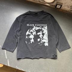 ERD Black Paintings Abstract Face Single Print Washed Black Distressed Long Sleeve T-shirt