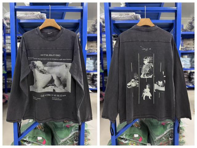 ERD Vintage Nude Poster Dual Print Washed Black Distressed Long Sleeve T-shirt